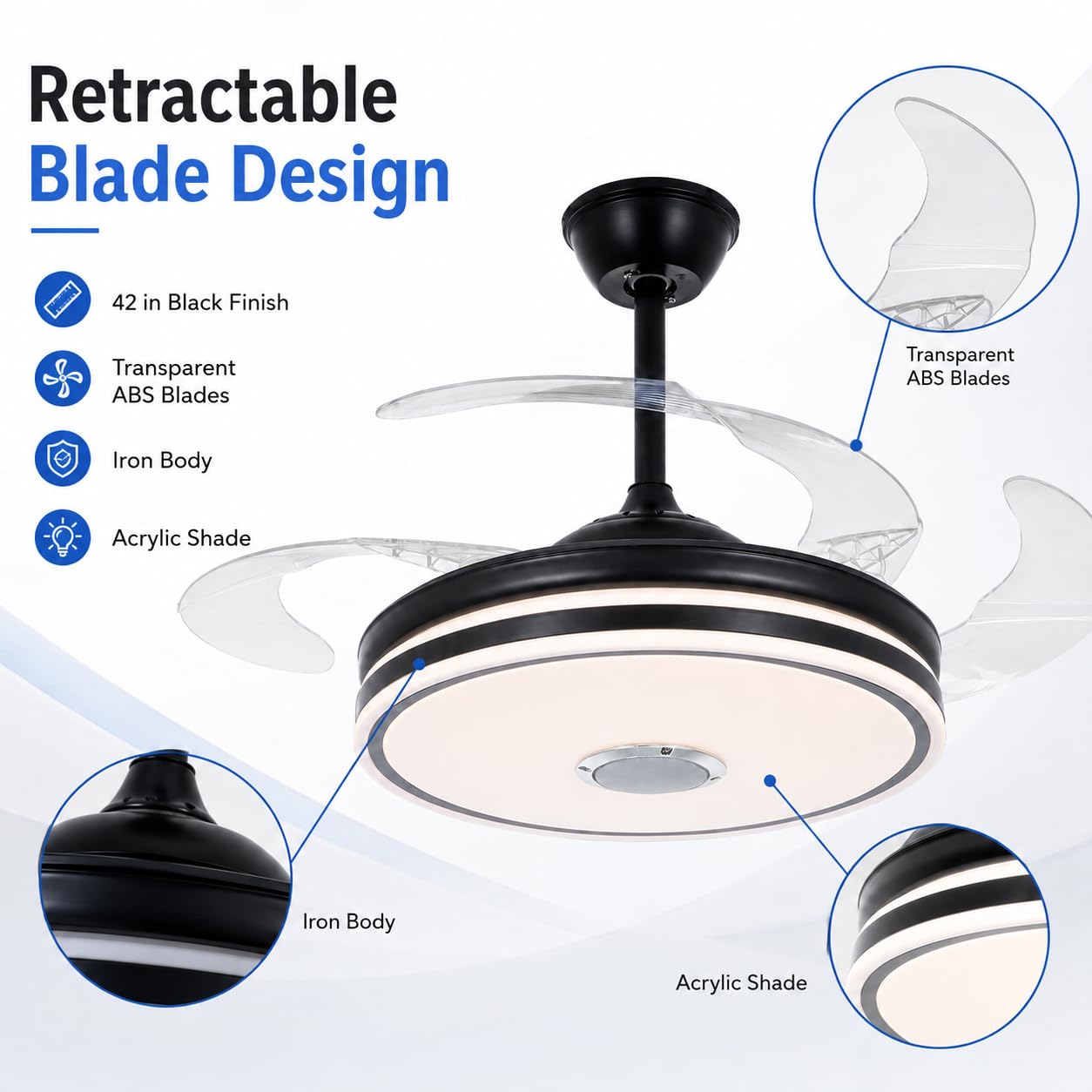 RuiWing Home 42 inch Bluetooth Ceiling Fan with Light and Speaker