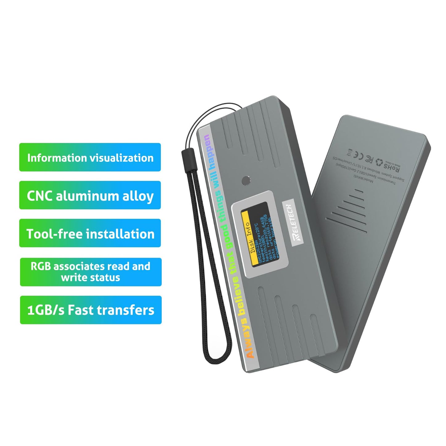Reletech M.2 NVME SATA SSD Enclosure, USB3.2 Type-C (10Gbps) Hard Drive Case, Tool-Free Installation Compatible with 2230/2242/2260/2280 (Gray)