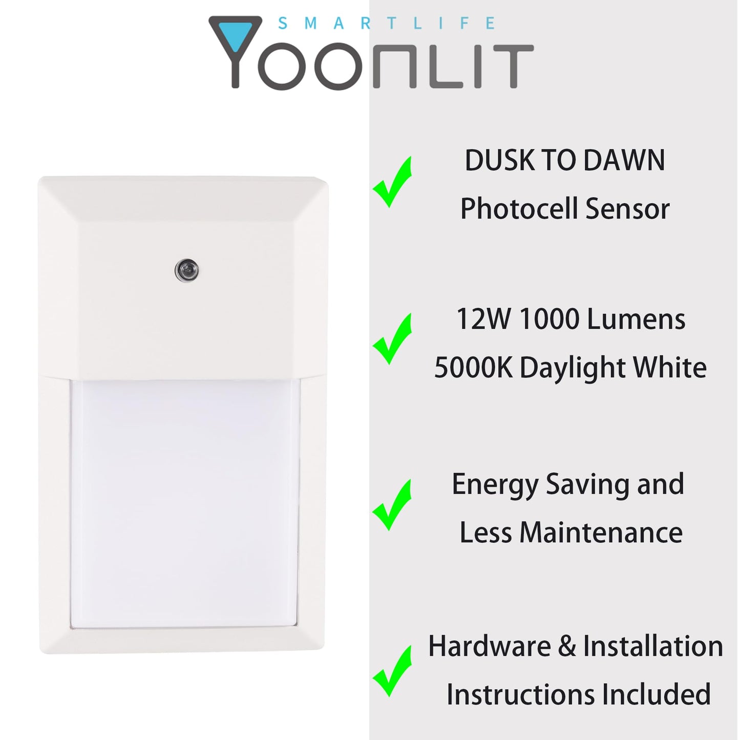 YoonLIT LED Outdoor Wall Pack Lantern Dusk to Dawn Photocell, Waterproof Light for Porch, Garage, Stairway, Hallway, 12W 1000 LM 5000K, Aluminum