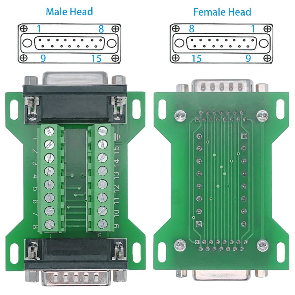 Jienk 2Pcs DB15 Male to Female Terminal Breakout Board, RS232 D-SUB Serial to 15pin Port Terminal Block Gender Changer Connector