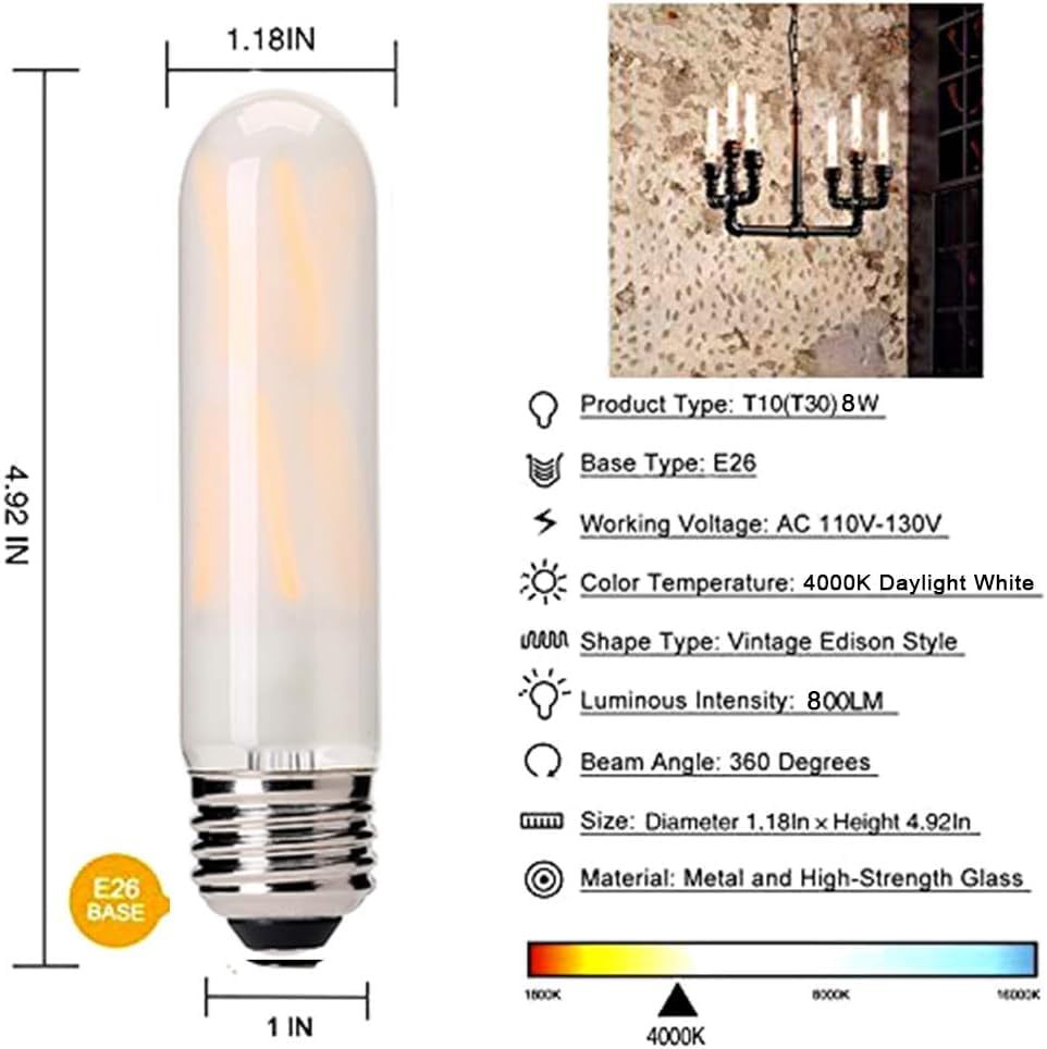 Adshen-US Dimmable T10 led Frosted Bulbs 8W Daylight White 4000k 80 Watt Equivalent,led Tubular Vintage Led Bulbs,800LM,E26 Medium Base, Edison Retro