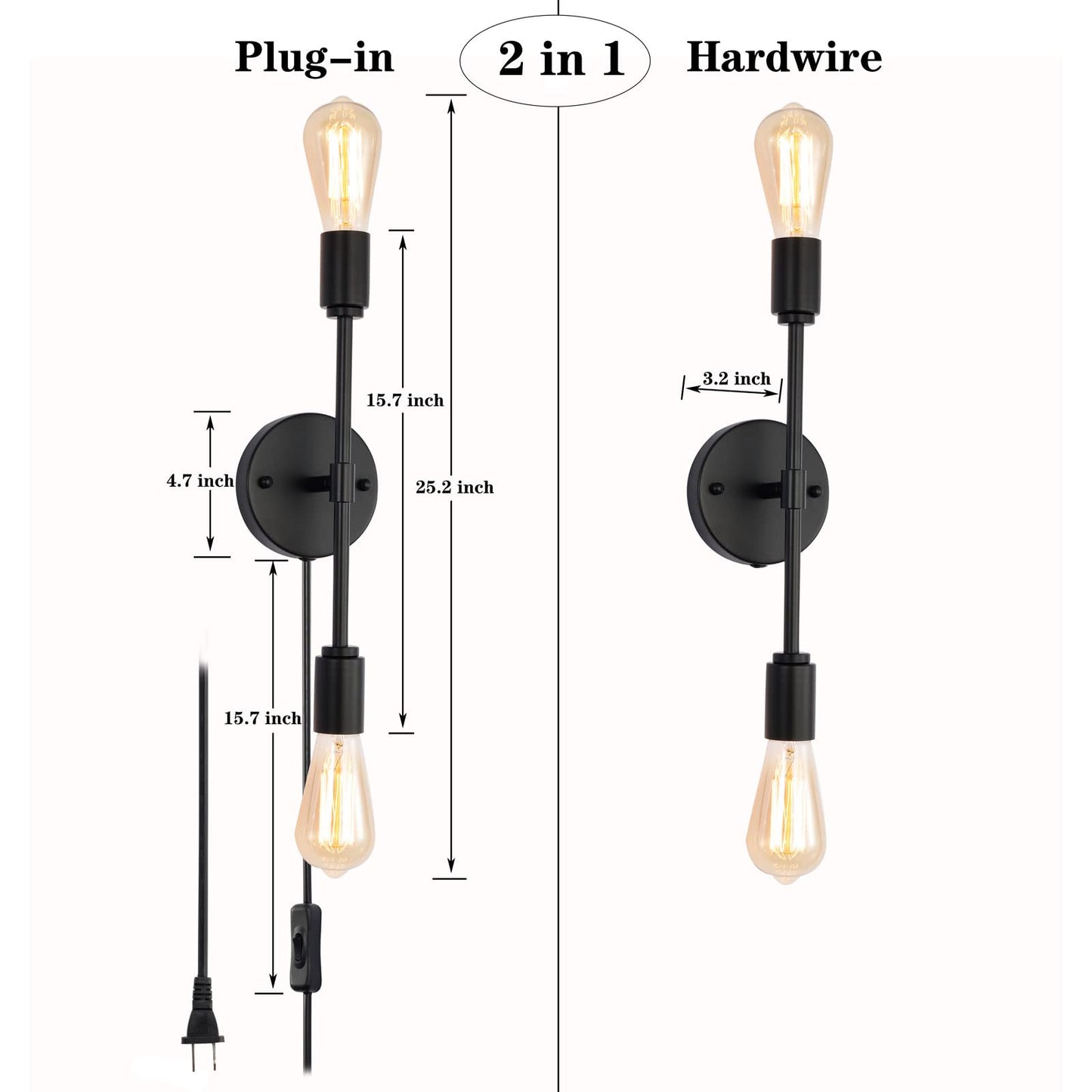 BANGANMA 2-Light Black Bathroom Vanity Light Fixtures?Modern Industrial Wall Light Fixtures with On/Off Switch Cord, Plug in Wall Sconce Set of Two