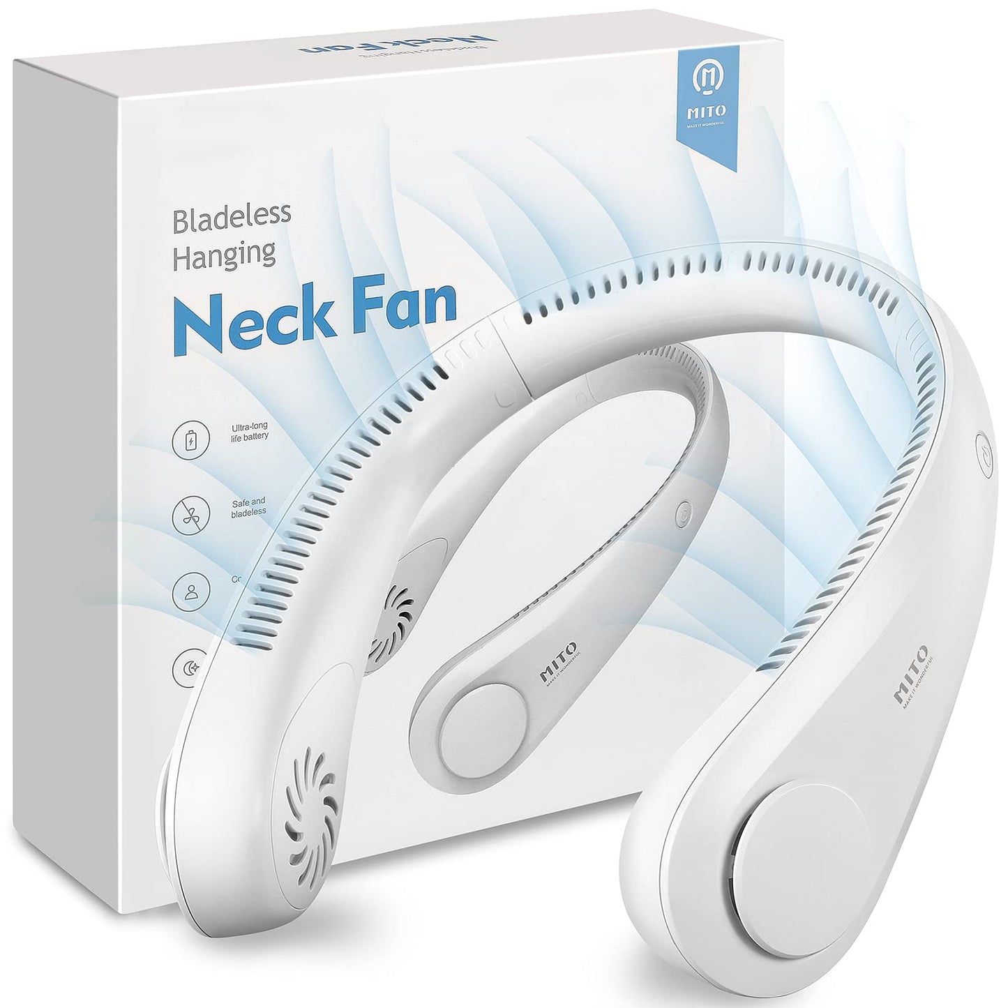 MITO Bladeless Neck Fan, Hands Free Portable Neck Fan, 4000 mAh USB Rechargeable Personal Fan, 3 Speeds Leafless Hanging Neck Fan, 360° Cooling Quiet