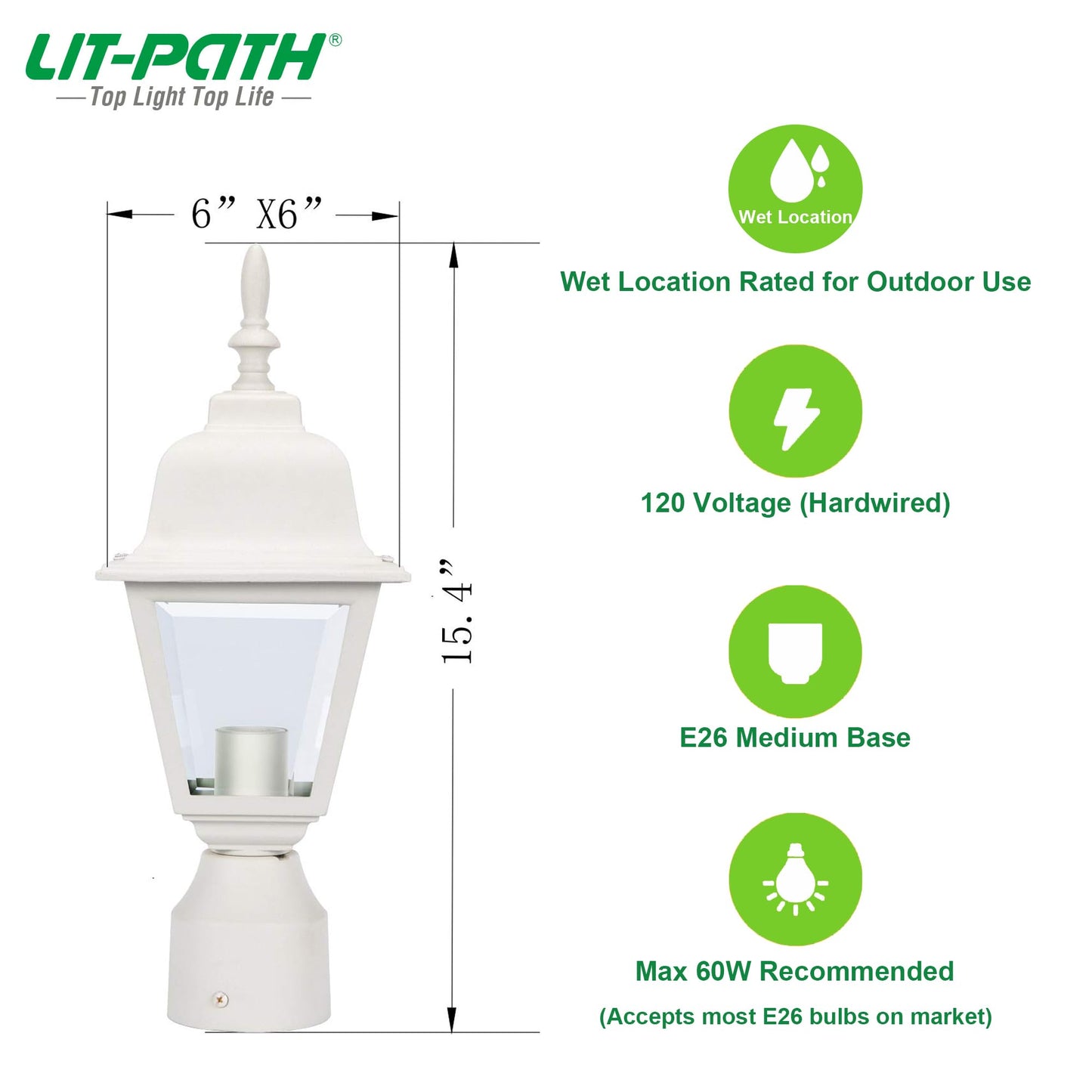 LIT-PaTH Outdoor Post Lighting Fixture Pole Lantern, E26 Medium Base Max 60W, Aluminum Housing Plus Clear Glass, Bulb Not Included, Matte White