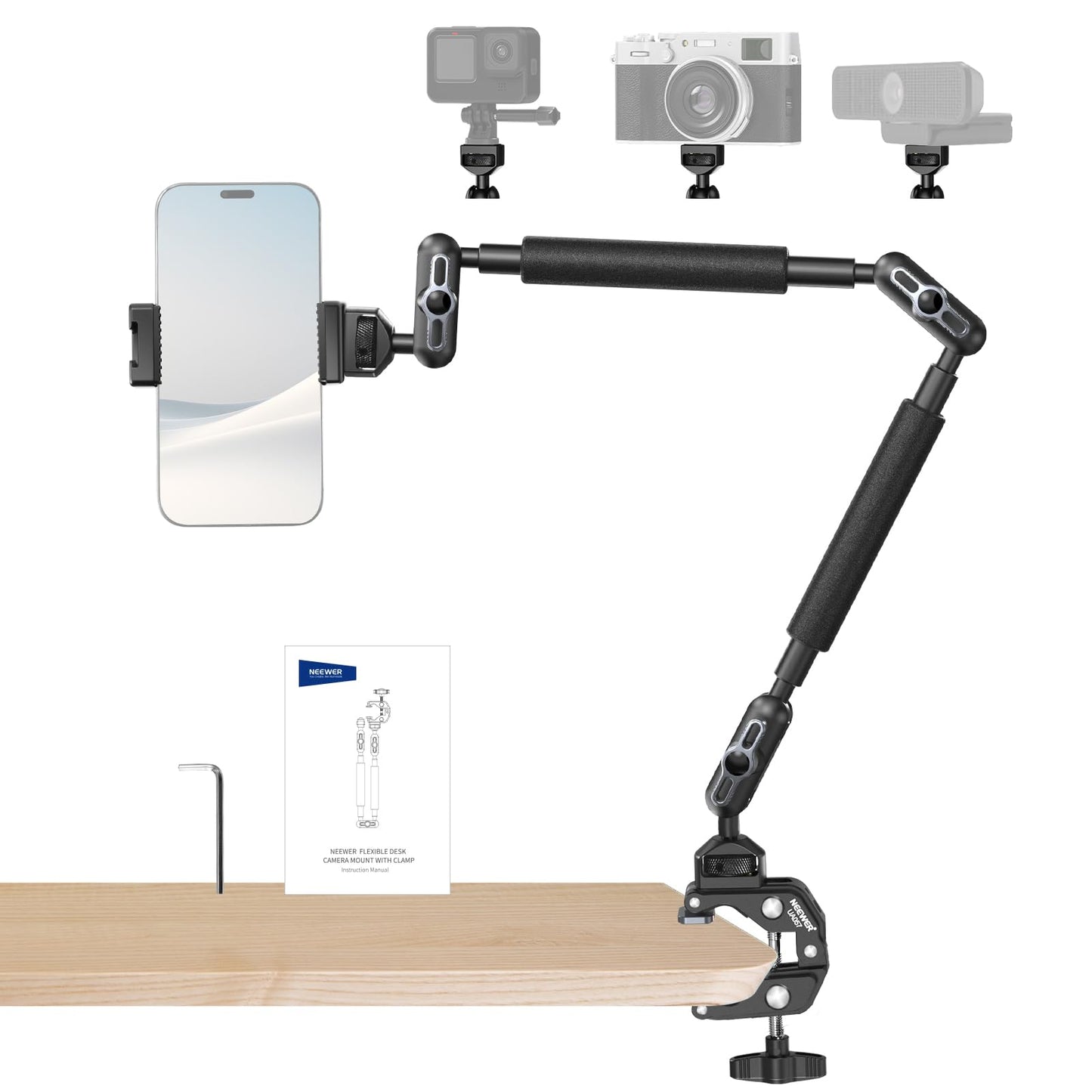 NEEWER 22" Magic Arm w Desk C Clamp, Overhead Camera Mount with Articulating Mic Boom Arm 1/4" 3/8" Threads for ARRI, Desktop Stand Holder for Phone