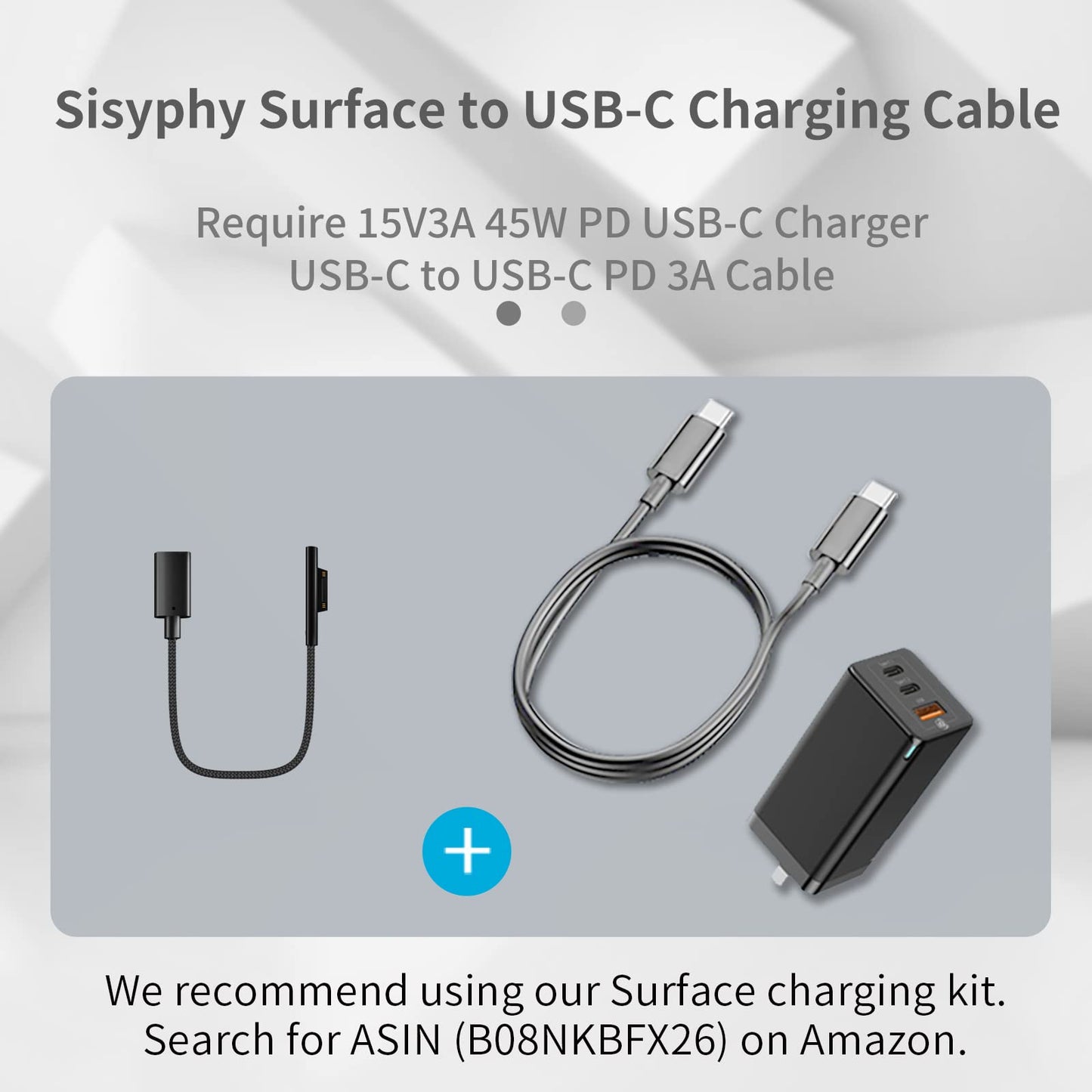 Sisyphy Nylon Braided Surface Connect to USB-C Charging Cable Dongle, Requires 45W 15V3A USBC Charger PD Power Supply, Compatible with Microsoft