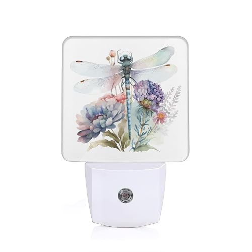 Floral Night Light,Dragonfly Watercolor Plug into Wall Nightlights with Dusk to Dawn Light Sensors for Bedroom, Bathroom, Hallway, Kitchen, Night