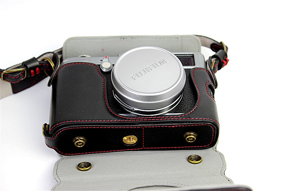 X100 Case, BolinUS Handmade PU Leather Fullbody Camera Case Bag Cover for Fujifilm Fuji X100 X100S X100T Bottom Opening Version + Neck Strap -Black