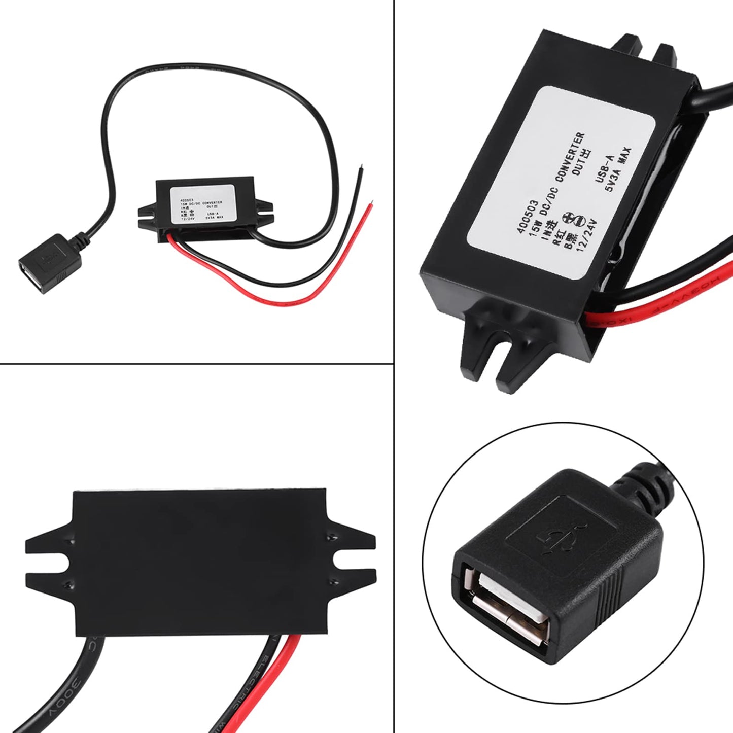 DC-DC Converter 12V/24V to USB 5V 3A, Adapter Regulator Cable for Car Audio, Vehicle Radio, Monitor Power Supply