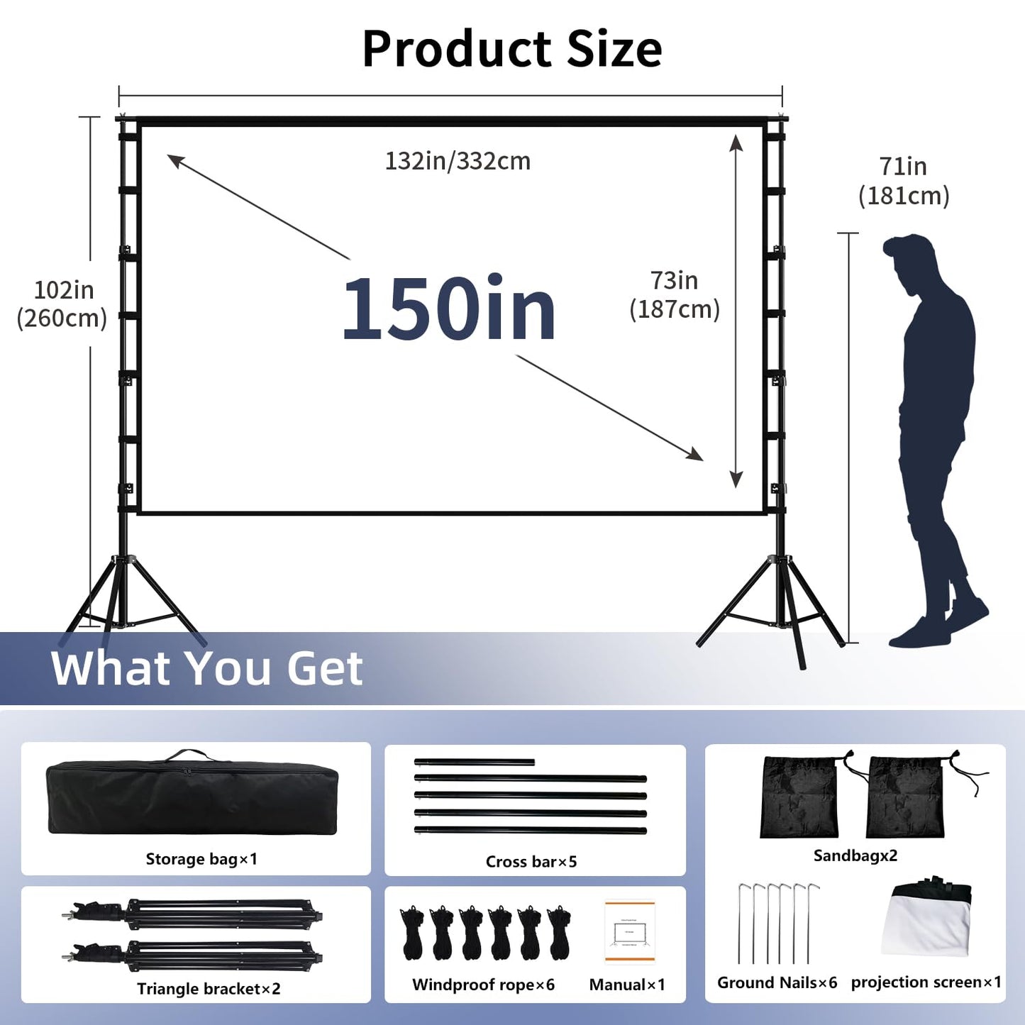 Projector Screen with Stand, Wootfairy 150 inch Portable and Foldable Projection Screen 4K HD 16:9 Rear Front Wrinkle-Free Movie Screen with Carry Bag