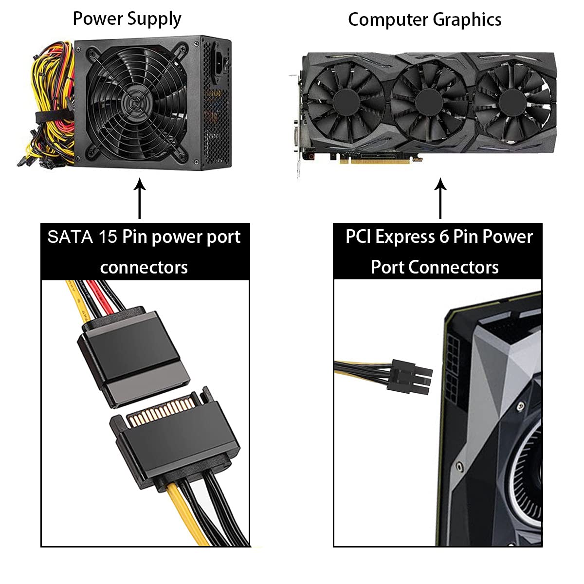 DKARDU 10 Pack SATA Power Cable 15 Pin to 6 Pin PCI Express PCI-E for Graphics Video Card Power Cable Adapter Computer Host, SATA Male to 6 Pin Female