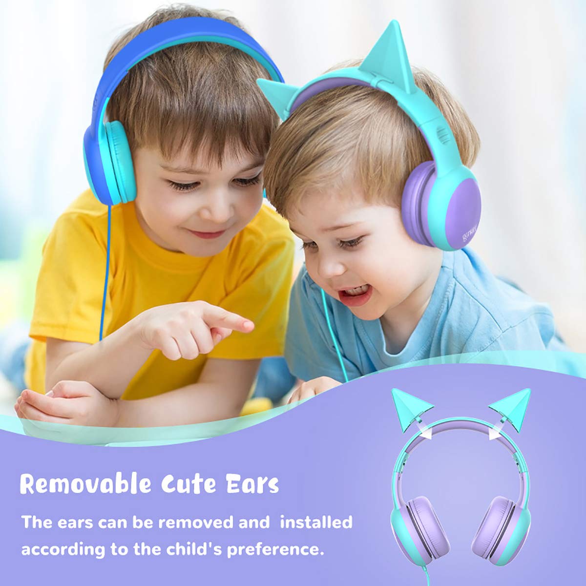 gorsun Kids Headphones with Limited Volume, Cat Ear Toddler Headphones, Wired Headphone Over Ear for Boys and Girls,Stereo Sound Foldable 3.5mm