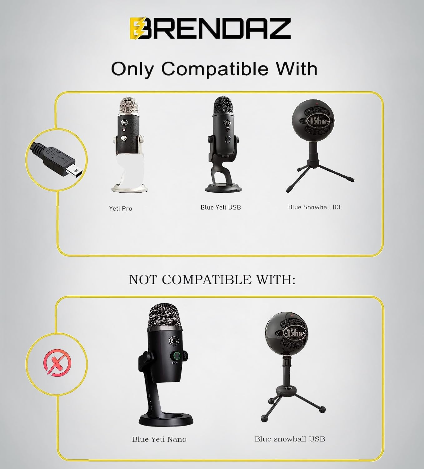 BRENDAZ Mini USB Cable Cord Compatible with Blue Yeti Pro, Blue Yeti USB Mic, Blue Snowball iCE Microphone. (3-Feet)