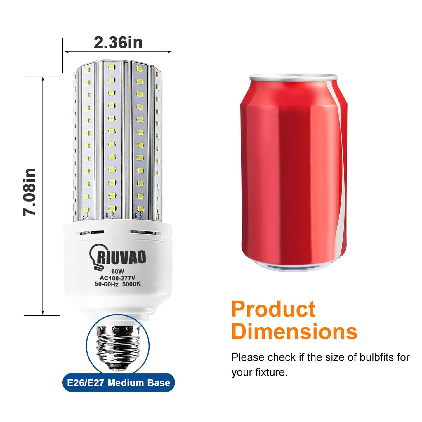 RIUVAO 2 Pack 60W LED Corn Light Bulb 500W Equivalent Bulb 7500 Lumen 5000K Cool Daylight White E26/E27 Medium Base for Outdoor Indoor Large Area
