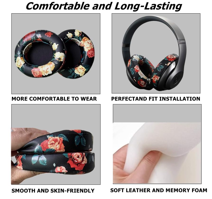 Replacement Ear Cushion Pads Cover Compatible with Beats Studio 2.0 and Studio 3.0 Over Ear Headphones only by Dr.DRE-1 Pair(Floral Black)