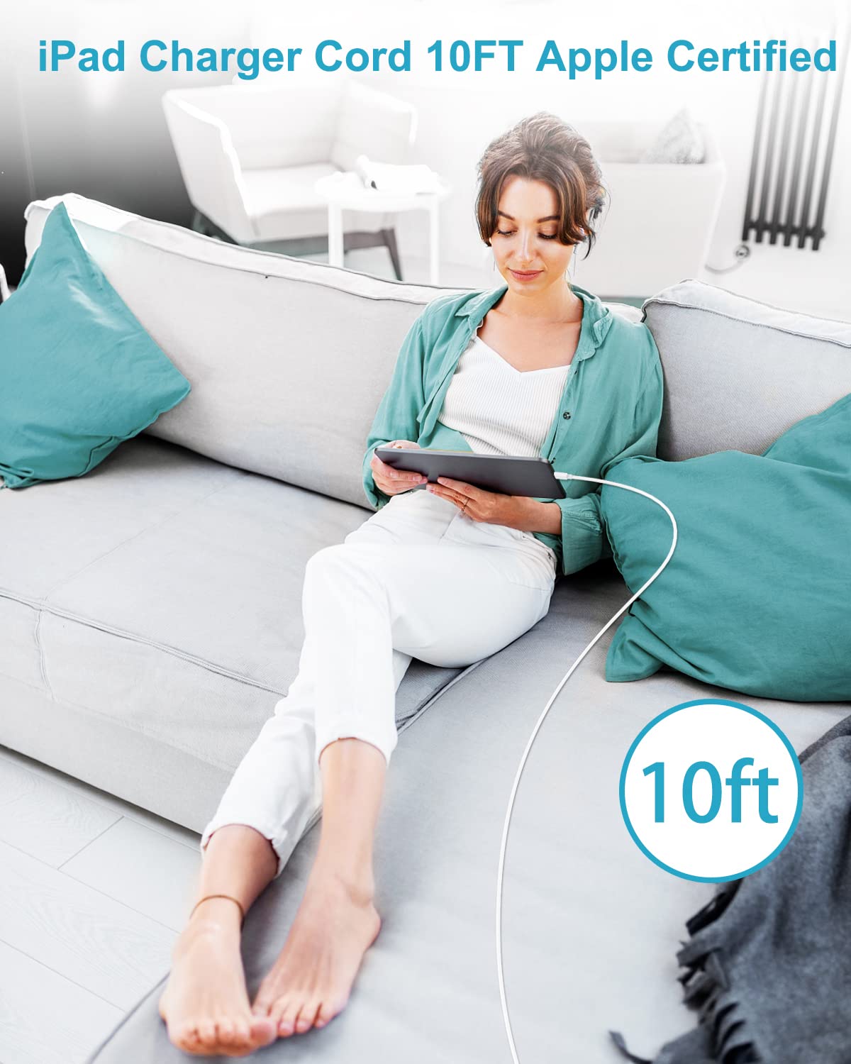 Apple iPad Charger Wall Charger and Cord 10 ft 2Set,12W iPad Fast Charging Block and Cord 10 ft Apple Certified Lightning Cable for iPad 7th 8th 9th