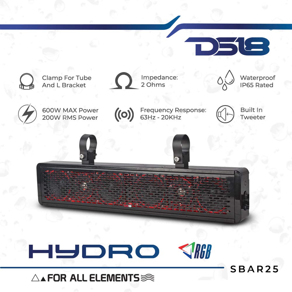 DS18 SBAR25 25 Inch Hydro Sound Bar 2-Way Waterproof Speaker System with Integrated RGB Lights 200 RMS 600 Watts Max - Ideal for ATV UTV SXS Marine