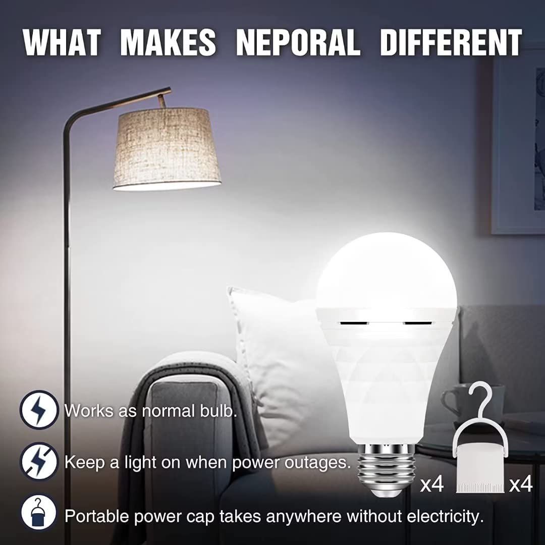 Neporal A19 Rechargeable Light Bulbs Emergency Light Bulb for Power Outages, Led Bulb 60 Watt Equiv., Self-Charging Light Bulb 1200mAh Battery Backup