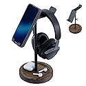MyGift Industrial Matte Black Metal Headphone Stand with Adjustable Height and Burnt Wood Tray - Desktop Headset Holder for Office, Gaming, or Studio…