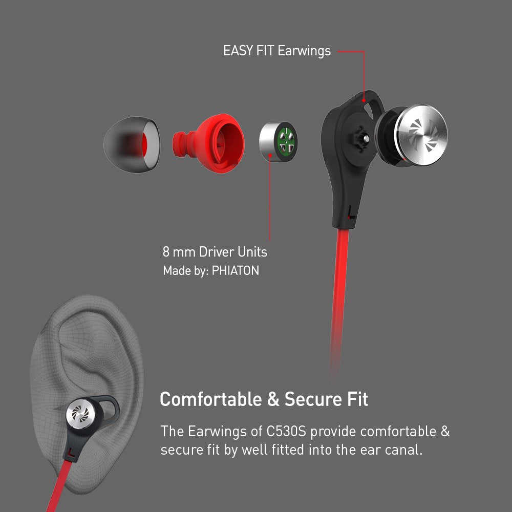 Phiaton C530S In Ear Stereo Earbuds Headphones Wired Earphones with Microphone and Controller, Extra Bass, Red