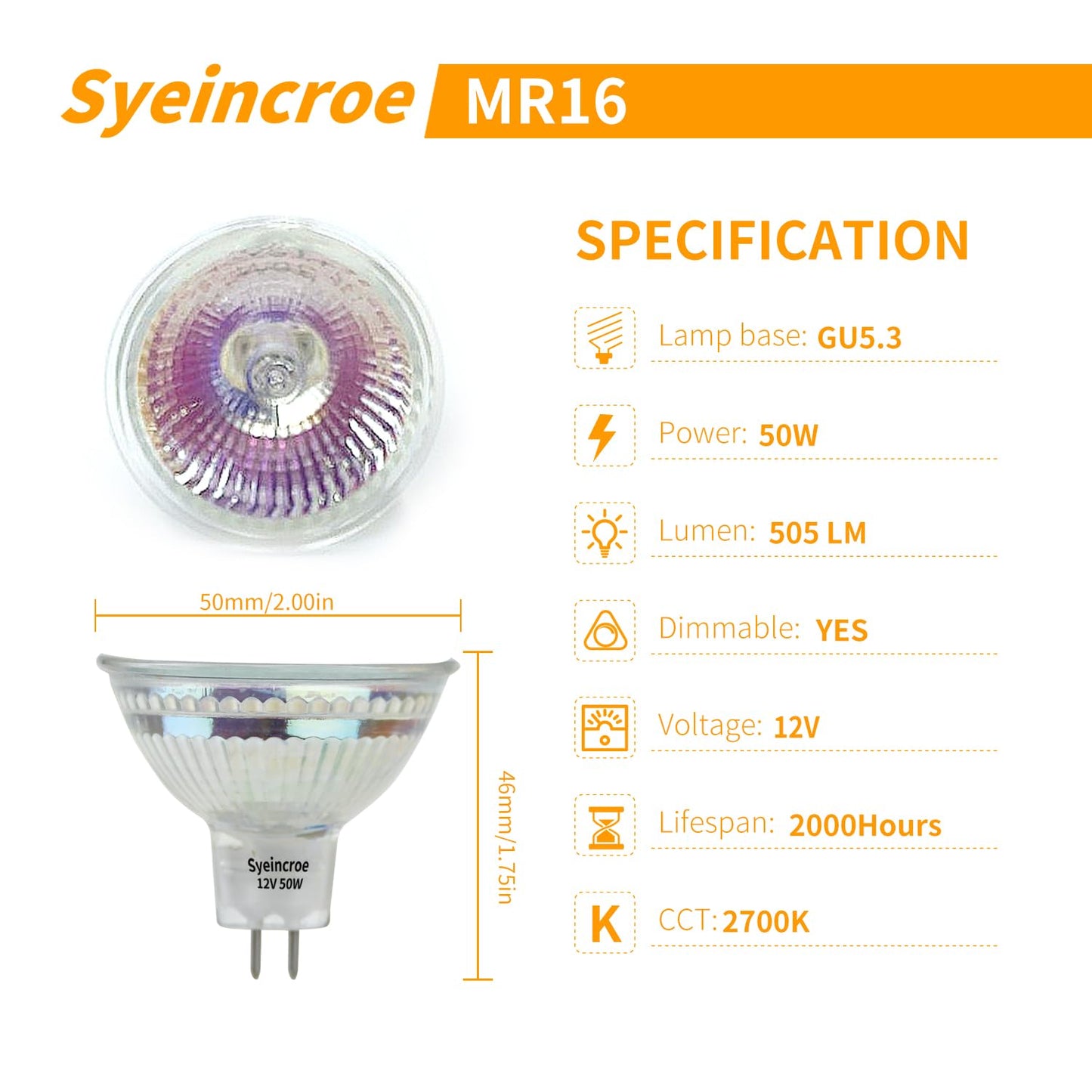 Syeincroe MR16 50W 12V Halogen Bulbs 6-Pack, Low Voltage Dimmable GU5.3 Base, for Low Voltage Landscape, Track & Display Lighting