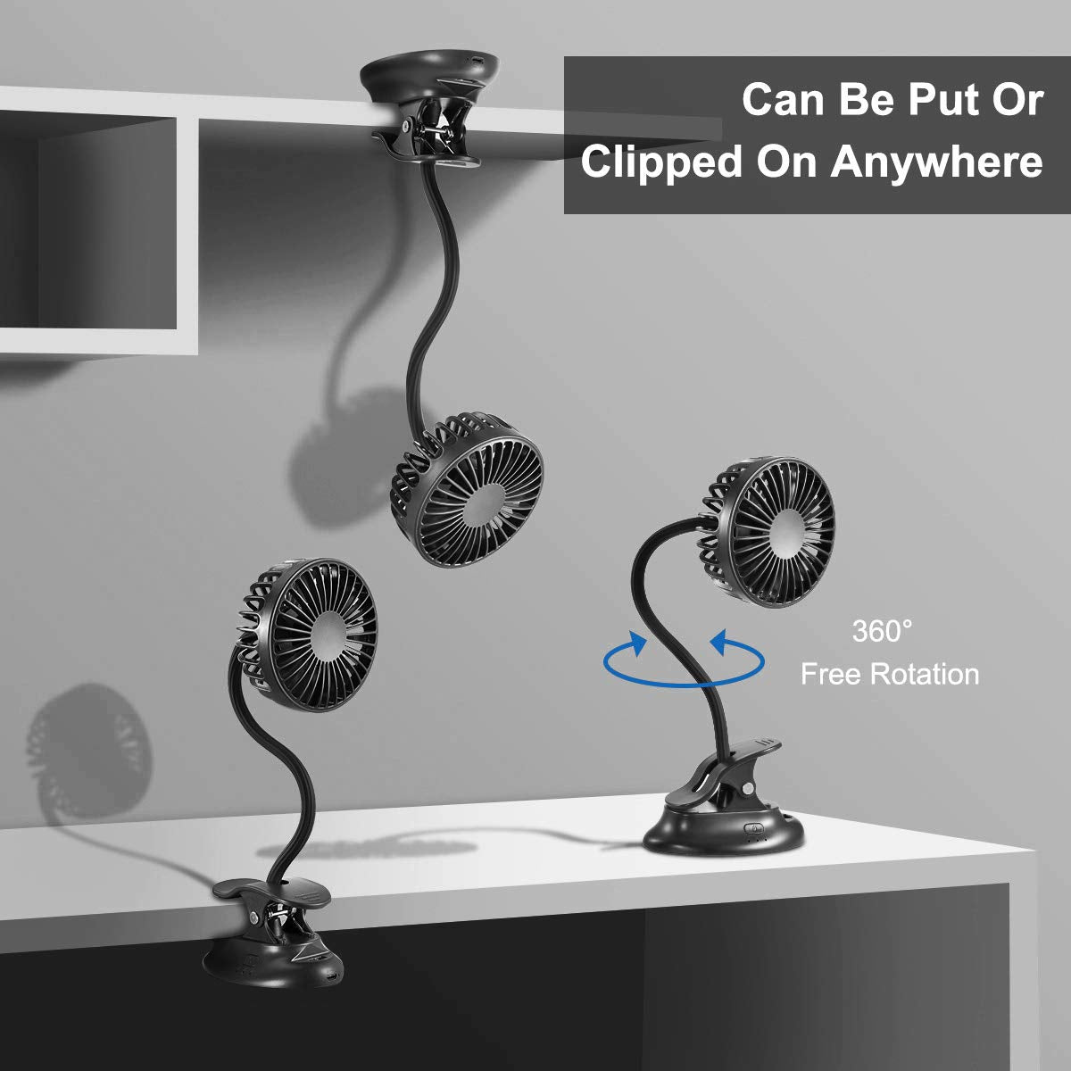 Glovion Clip On USB Mini Desk Fan with Emergency Power Bank, Battery Operated Rechargeable Portable Fan - Flexible Neck, 3 Speed Personal Cooling