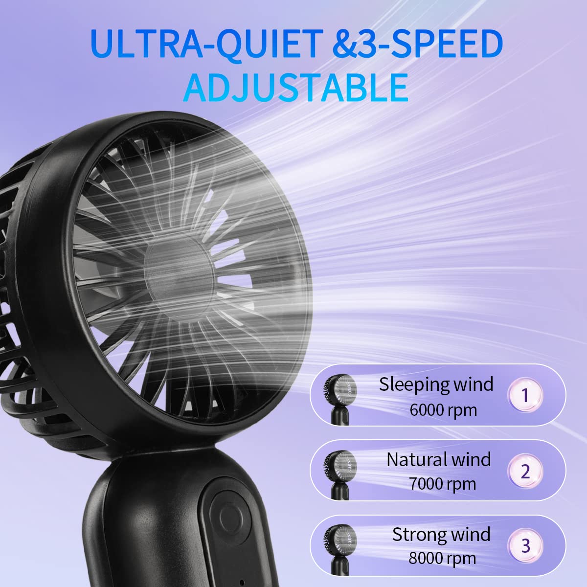 VanSmaGo Portable Mini 3-pack Handheld Personal Small Fan with 3-speed for Travel, USB Rechargeable Battery Operated Eyelash Fan, Black