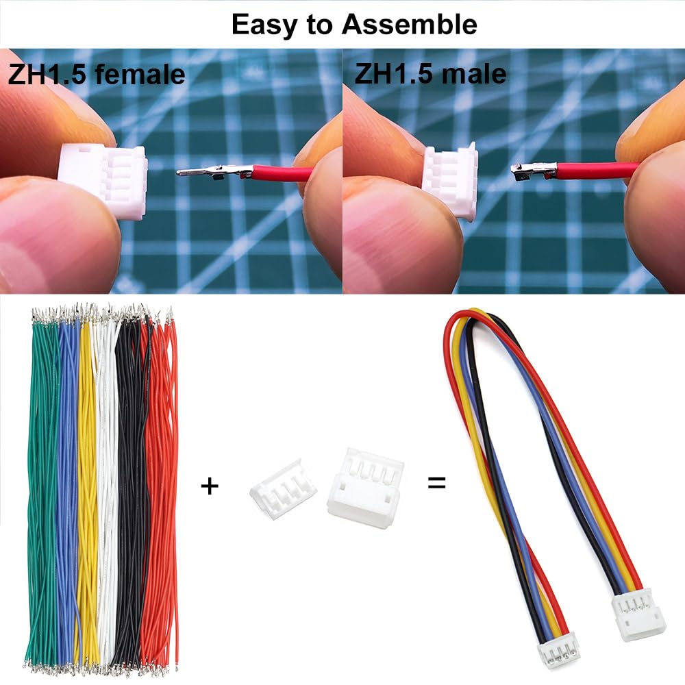 ZH 1.5MM Male Female Connectors and 28AWG Pre-Crimped Silicone Cables kit, ZH1.5 Connector Socket 2/3/4/5/6 Pin Housing JST Adapter Cable Connector