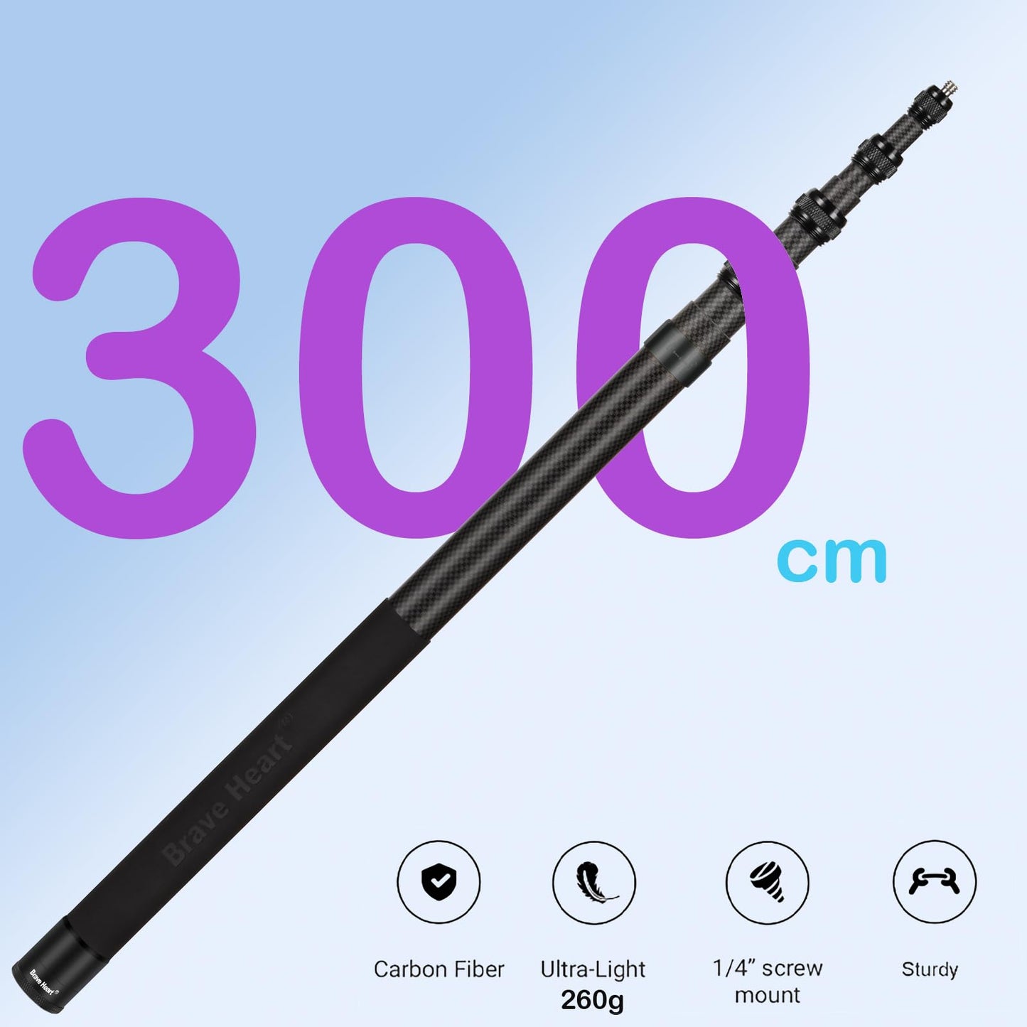 17-118"/3.0m Carbon Fiber Invisible Selfie Stick 9.8ft Extended Super Long Pole for Insta360 X5/X4 Insta 360 X3 ONE X2, ONE R, ONE X, ONE GO 3S 3 2