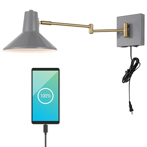 JONATHAN Y 16" Grey/Brass Gold 1-Light Modern Swing Arm Sconce with USB Port, Plug-in Midcentury LED Bedside Lamp with White Iron Shade for Bedroom