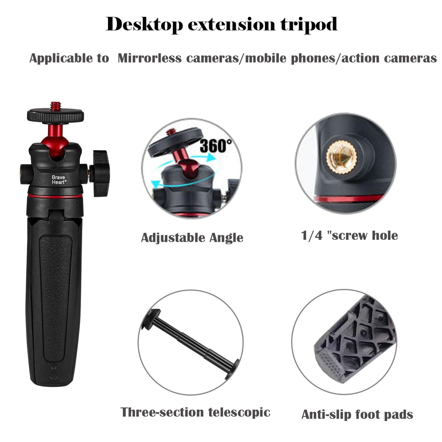 Gonymask 1/4" Screw Mini Camera Tripod for Sony ZV-1 II ZV-E10 Canon R50 DJI Pocket 3, 2-in-1 Phone Tripod Stand & Extendable Selfie Stick, 360° Ball