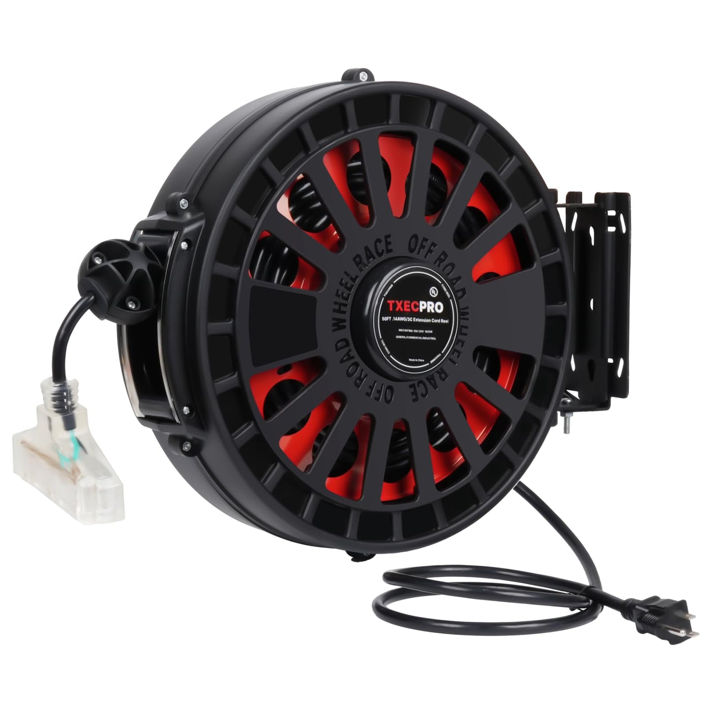 Txecpro Retractable Extension Cord Reel, 45 FT, Heavy Duty 12AWG/3C SJTOW Power Cord, with Lighted Triple Tap Outlet, 15 Amp, Swivel Bracket for