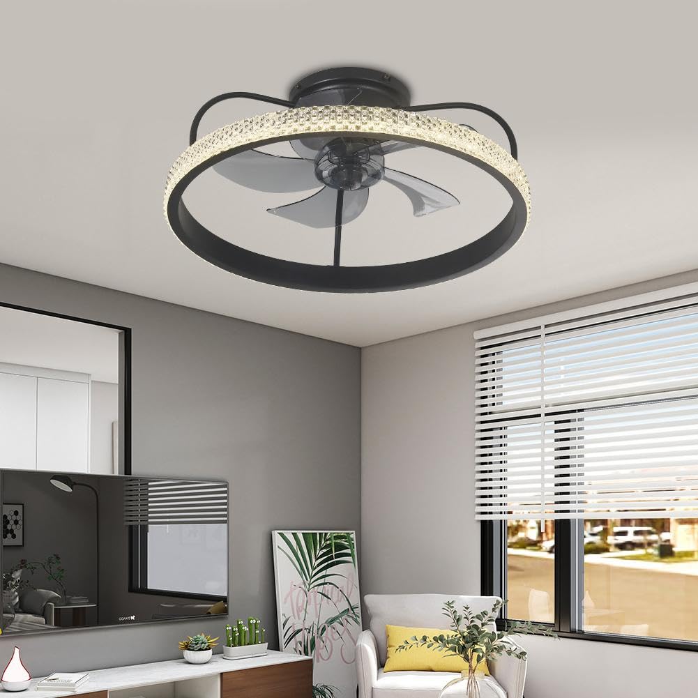 A Million Modern Crystal Flush Mount Ceiling Fan with Light, 20" Low Profile Ceiling Fan Bladeless Remote Control, 3 LED Light and 6 Speed Change