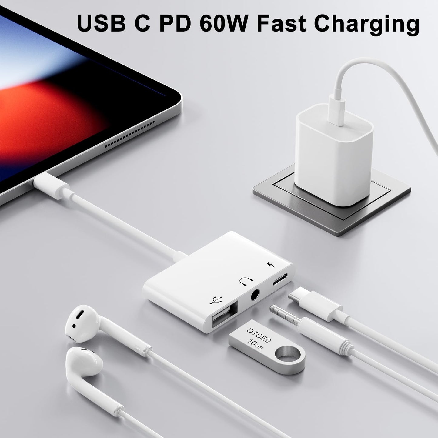 USB C to USB Adapter with 3.5mm Headphone Jack and 60W PD Fast Charging, OTG Cable Adapter, Type C to Audio Splitter for i-Phone 17/16/15 Sam-sung