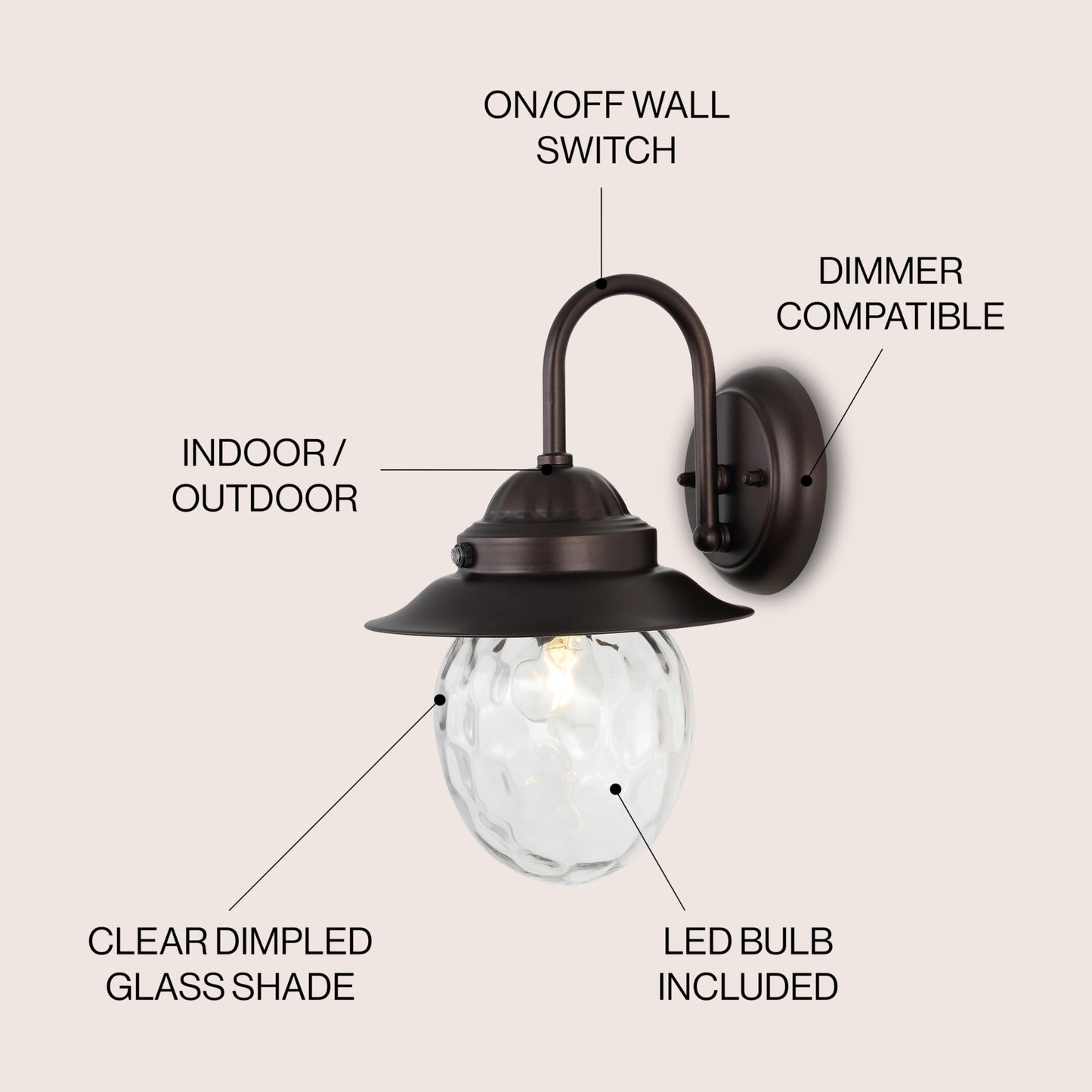 JONATHAN Y 12" Oil Rubbed Bronze 1-Light Iron and Glass Outdoor Sconce, Farmhouse Industrial Wall Lantern for Entryway Patio or Porch, Clear Dimpled