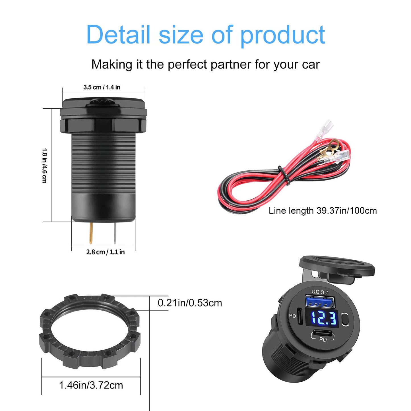SUTNSCW 12V USB Outlet, Dual USB C Car Charger Socket & Quick Charge 3.0 Port with Voltmeter and Power Switch for Car Boat Marine Truck 2 Pack