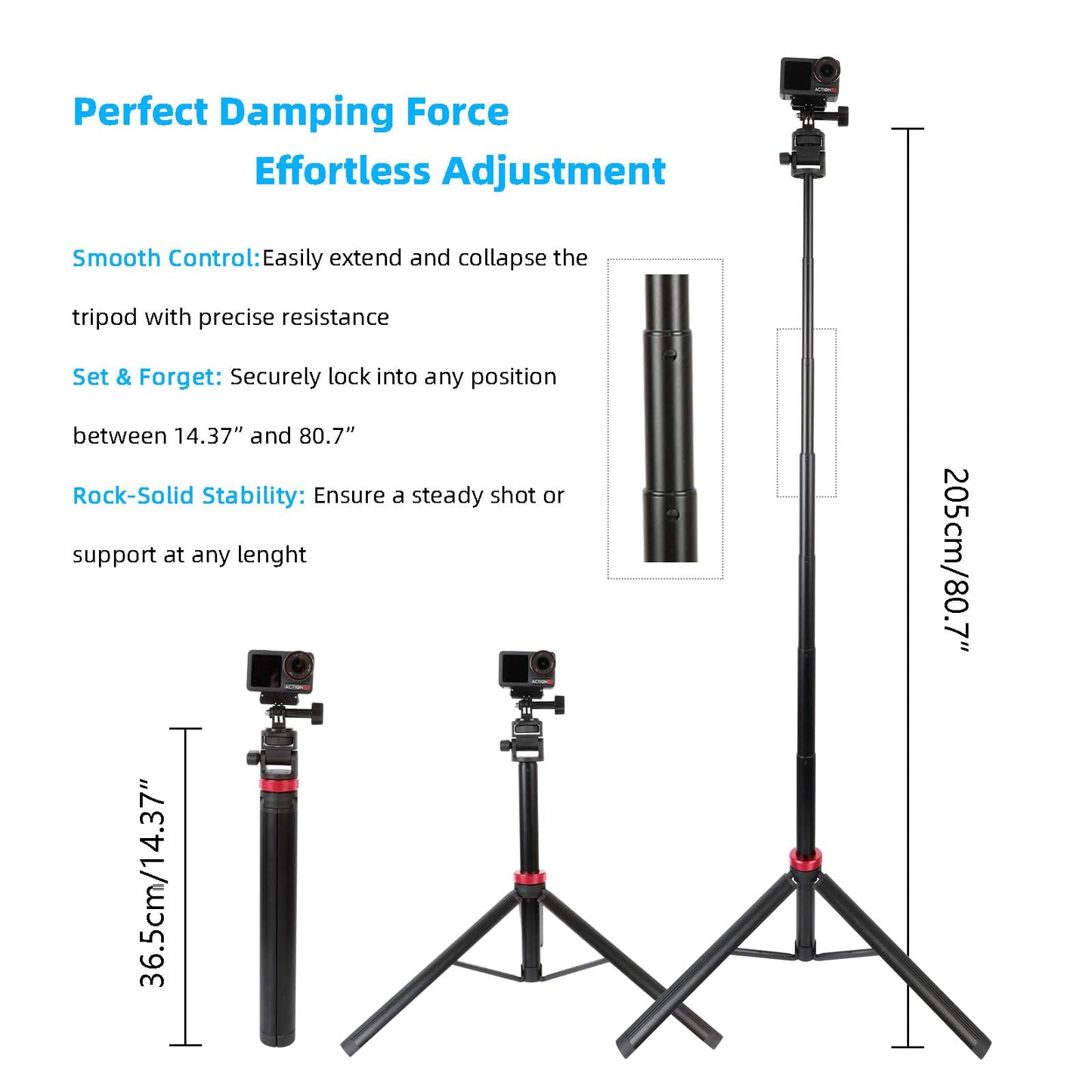 Osmo Action 6/5 pro 81" Extendable Selfie Stick & Tripod for Gopro Camera, Vlogging Video Recording, Compatible with GoPro Max Hero 14 13 12 11 10
