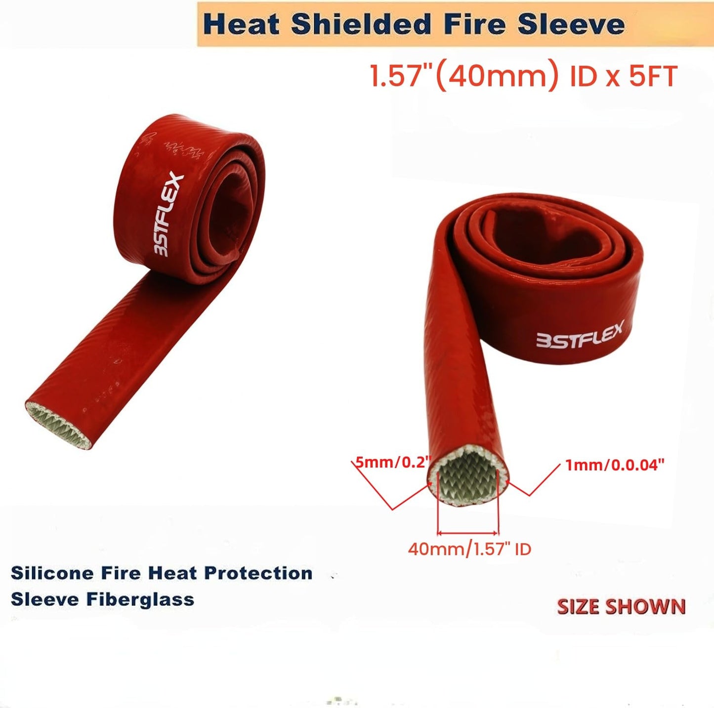 1.57"(40mm) ID Heat Shielded Fire Thermo Armor Fire Sleeve Silicone Coated Fiberglass for Automotive Hose Lines & Electrical Wiring Red, 5 feet