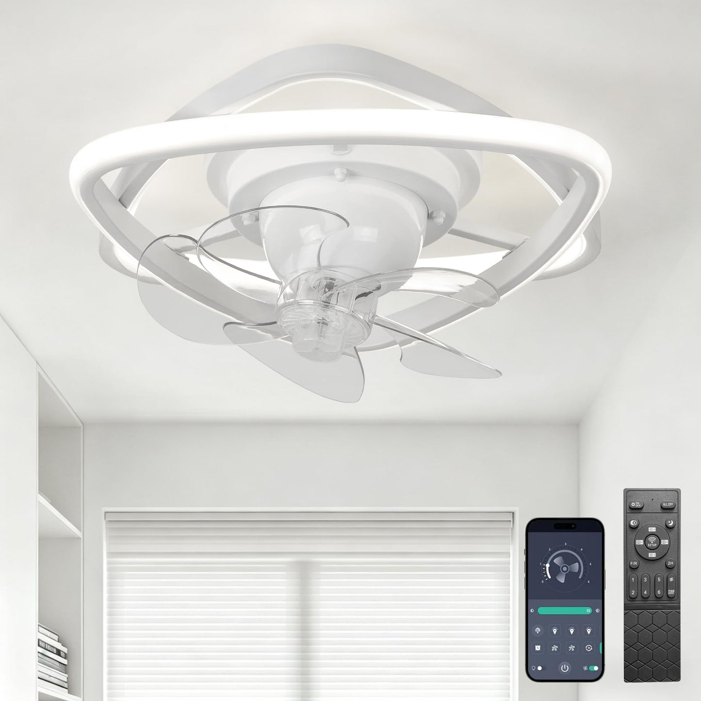 Zoruny 13" Small Ceiling Fan with Light, 360° Rotatable, Remote White 02