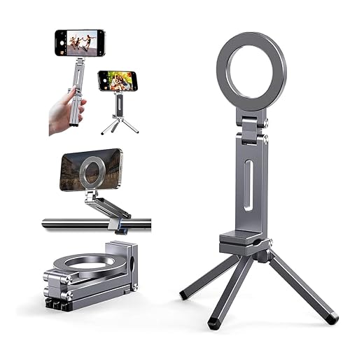Grey Magnetic Phone Holder Tripod for Magsafe iPhone 17/16/15/14/13/12 Plus Pro Max Series, Aluminium Phone Stand Mount Adapter Adjustable Magic Phone