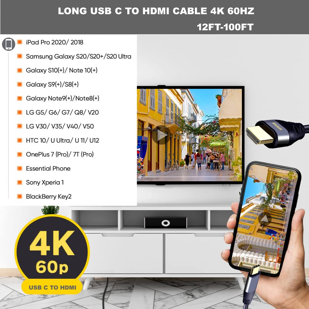 YOTETION USB C to HDMI Cable 60FT with IC, 4K@60HZ Type-C to HDMI for MacBook Pro/Air, iMac, Galaxy S20 S10 S9 S8, Surface, Dell, HP, MacBook Pro