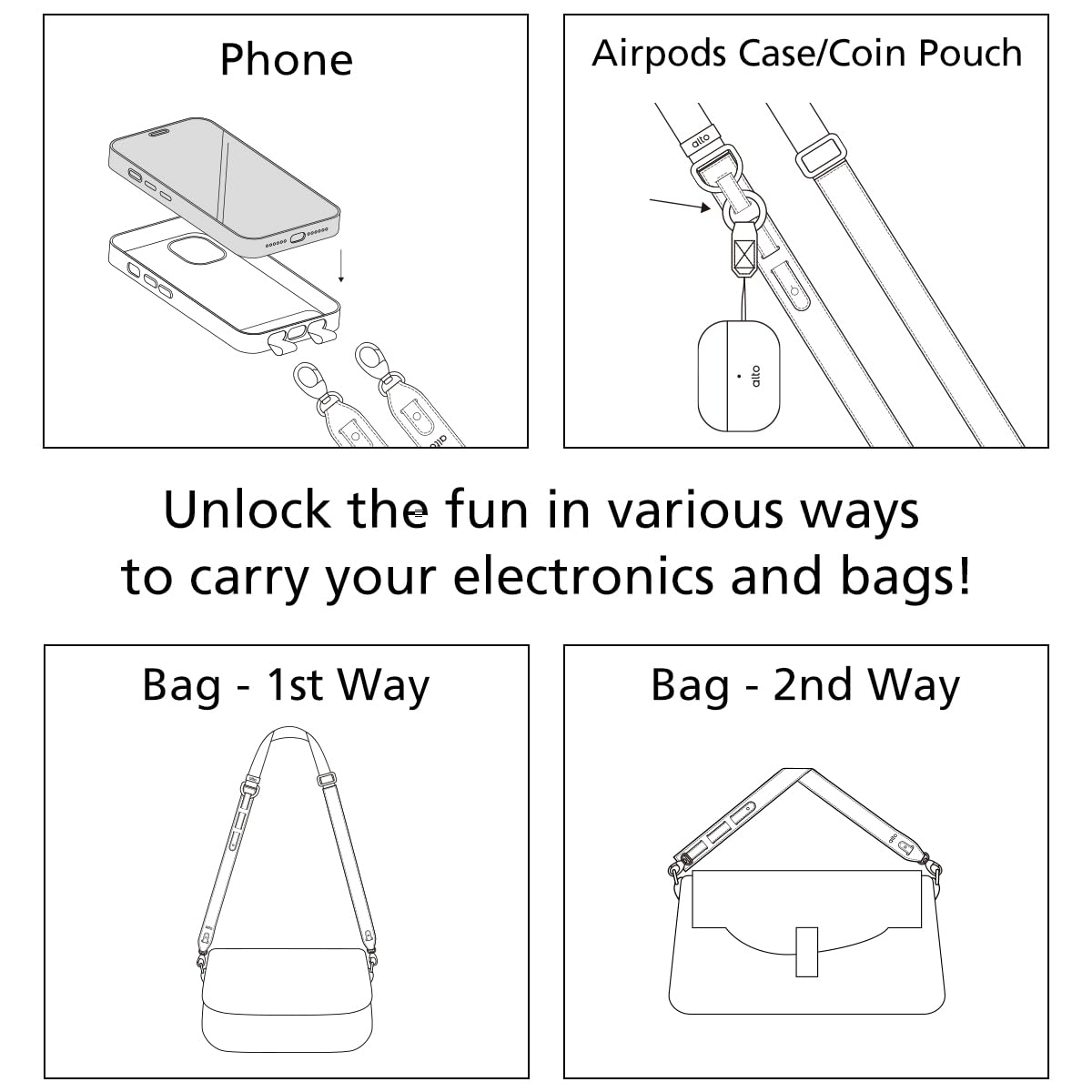 alto Multi-Functional Leather Harness, Crossbody Lanyard Strap for iPhone, Andorid Phone, Camera, and Bag (Raven Black)