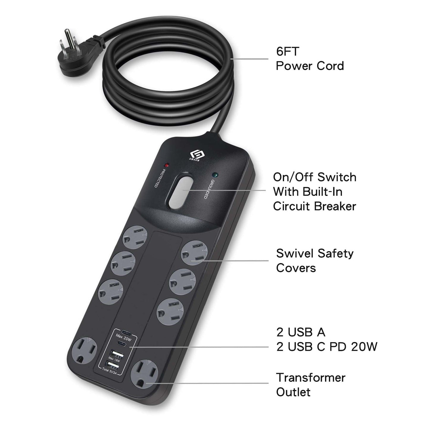 OSKOS PD20W USB-C Charger, 18W USB-A Fast Charging, Four Ports (2A2C), 8 outlets Power Strip with 6FT 14/3 Cord, 2480 Joules Surge Protected, 15A