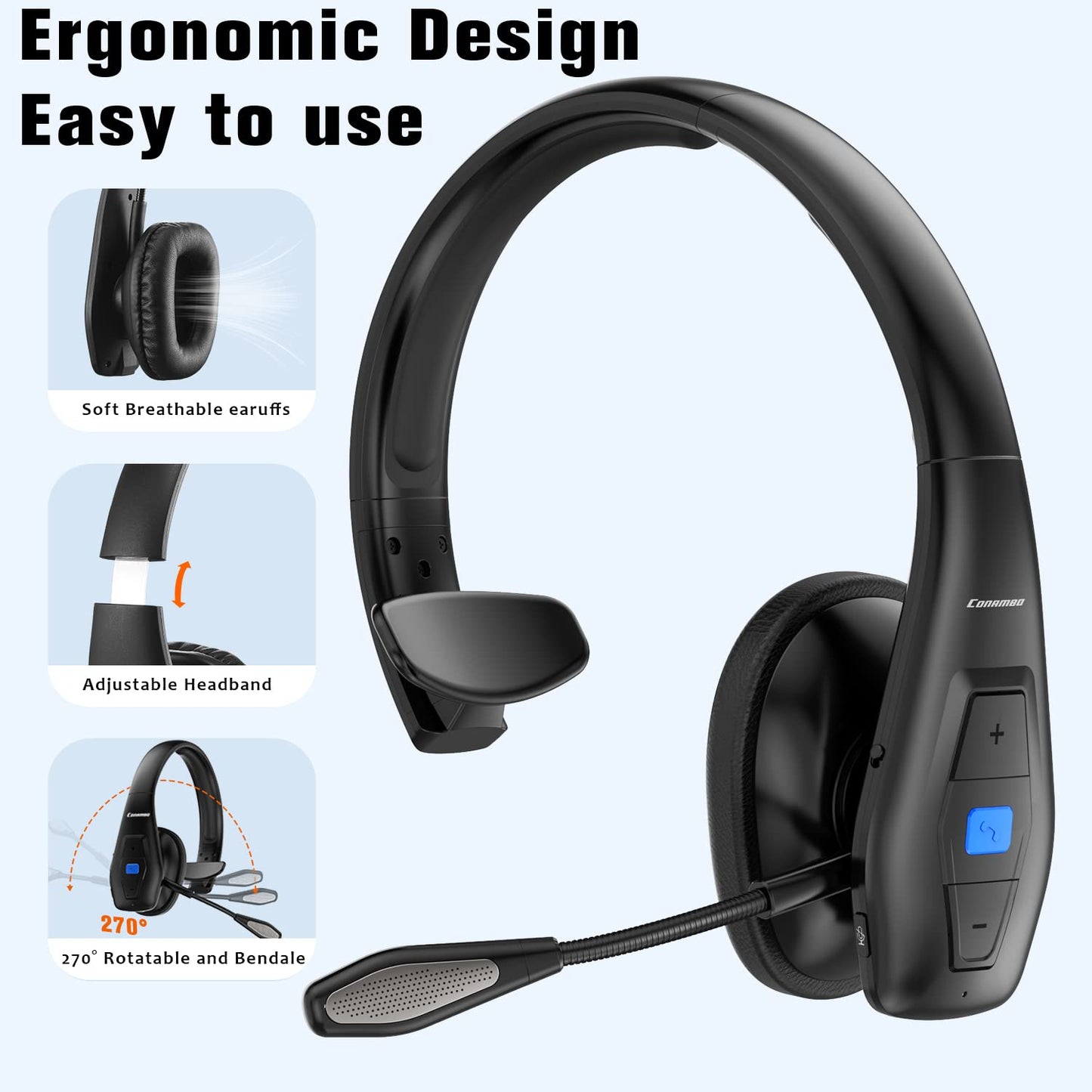 Conambo Bluetooth Headset V5.1, Trucker Bluetooth Headset with CVC8.0 Dual Mic Noise Canceling & Mute Button & 60 Hrs Workingtime Wireless On-Ear
