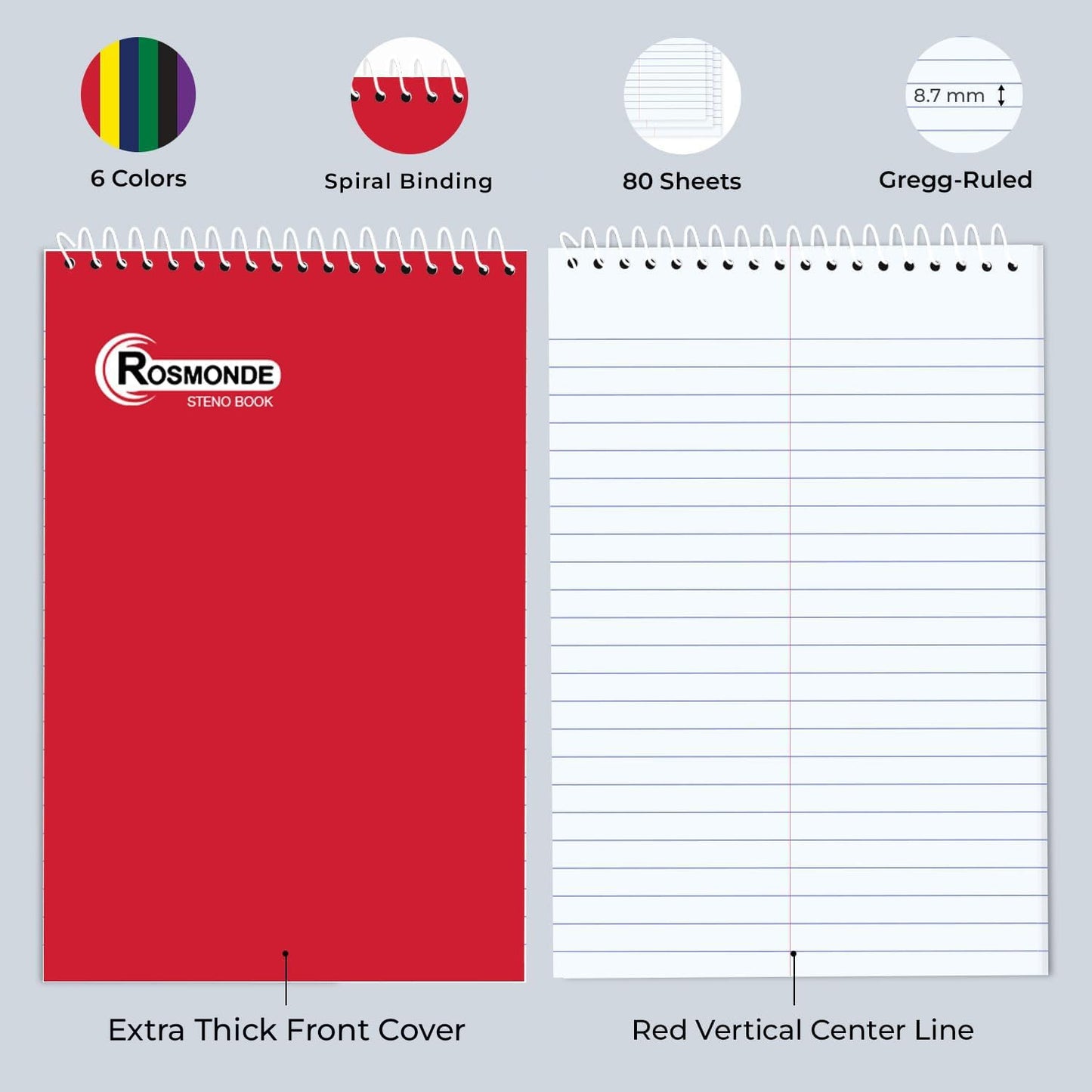 Rosmonde Spiral Steno Pads 12 Pack, 6 x 9, Gregg Ruled Steno Pad,80 Sheets