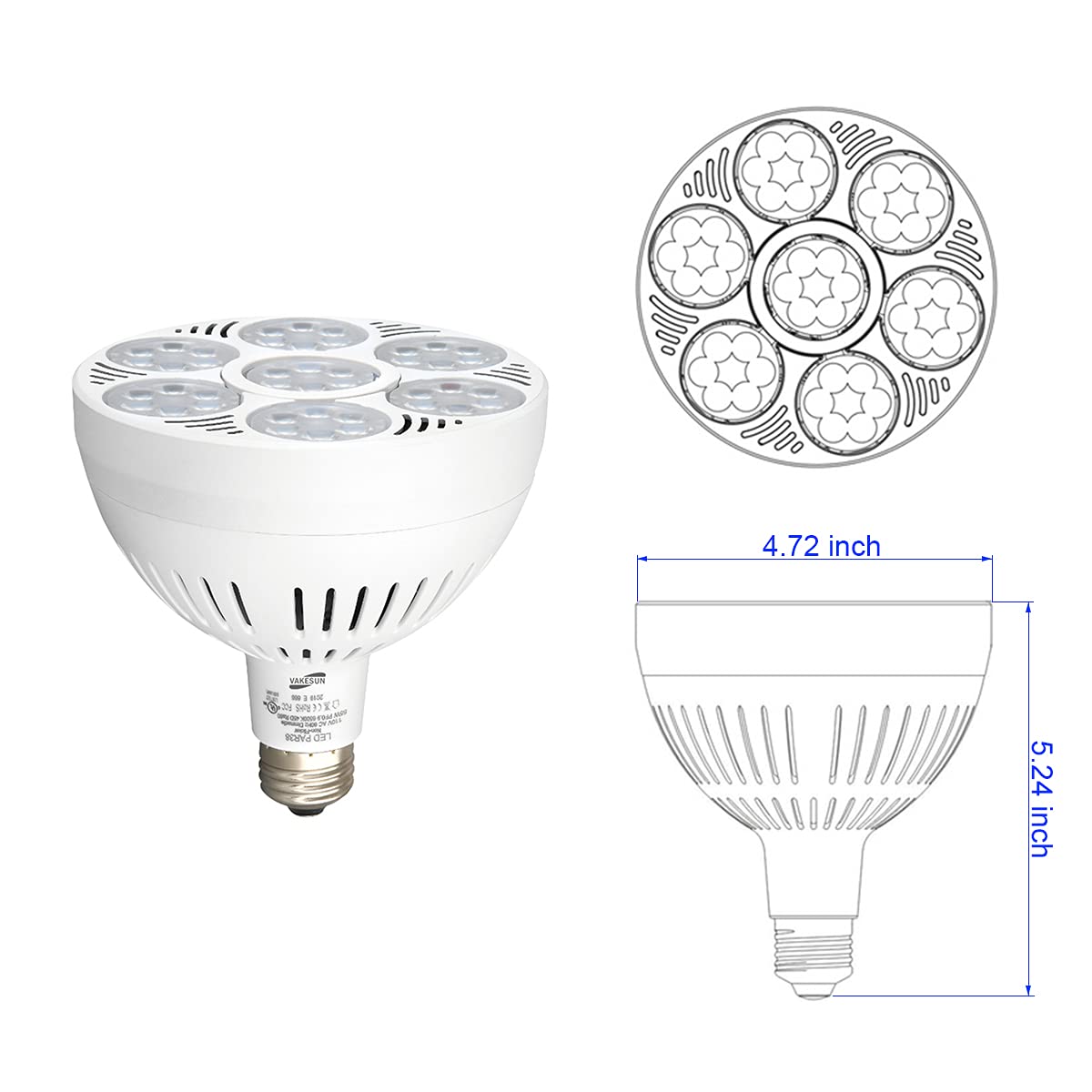 VAKESUN LED PAR38 Spotlight High Lumen 10000K 45° Cool White Lighting Bulb,the lamp Dimensions:4.72" L x 4.72" W x 5.24" H.
