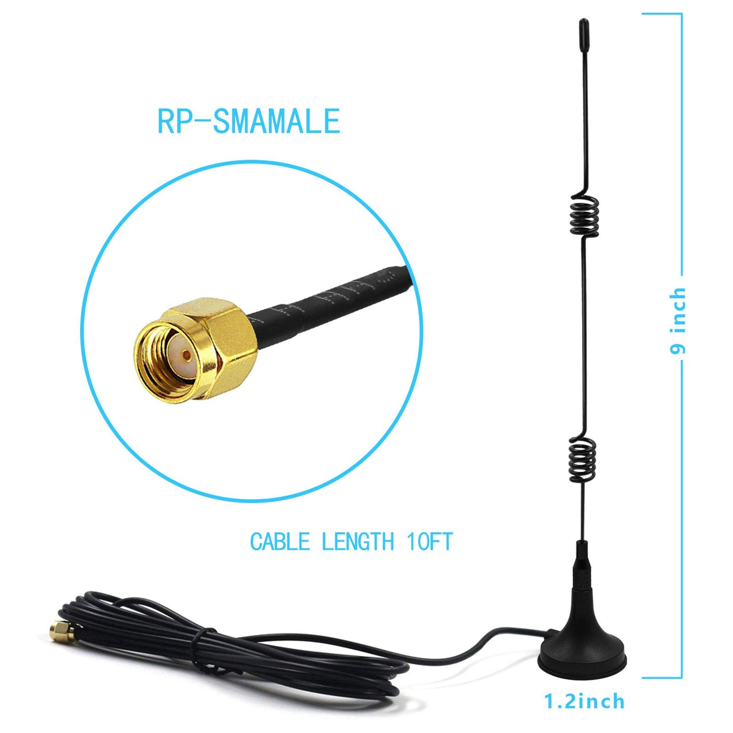 SEBIKAM WiFi Booster Antenna with RP-SMA Male Connector?Without Pin?,2.4GHz Magnetic Base 10ft Extension Cable for Wireless CCTV Security Camera Video