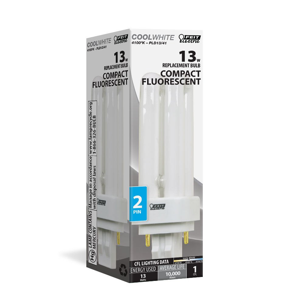 Feit Electric 13W PL GX23-2 Fluorescent Light Bulb, Cool White 4100K, 780 Lumens, Non-Dimmable CFL, 10,000 Hours Lifespan, Compact Replacement