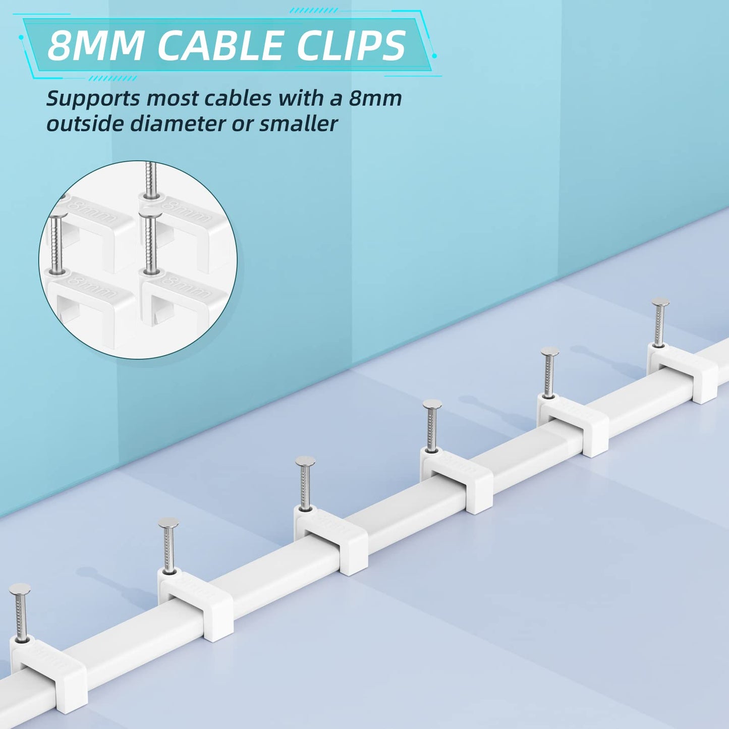 AOPOCKAN TECH Cable Clips White 100 Pieces Ethernet Cable Clips with Steel Nails 8mm Cord Holder for Cat8 Cat7 Cat6 Flat Ethernet Cable - 0.32 inch