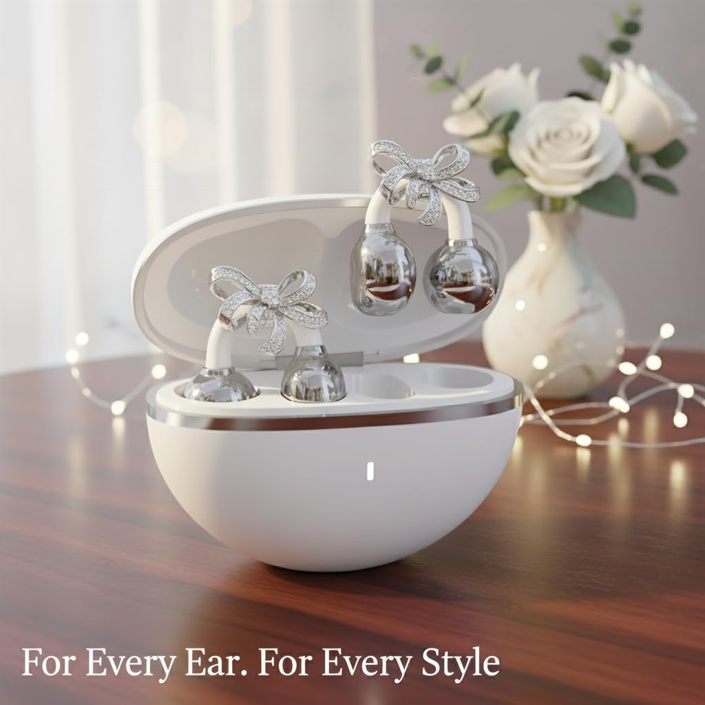 BEVCEFCC Clip-On Wireless Bluetooth Earbuds with Stylish Earrings Design, Lightweight Comfort, 48H Playtime for Women (White)